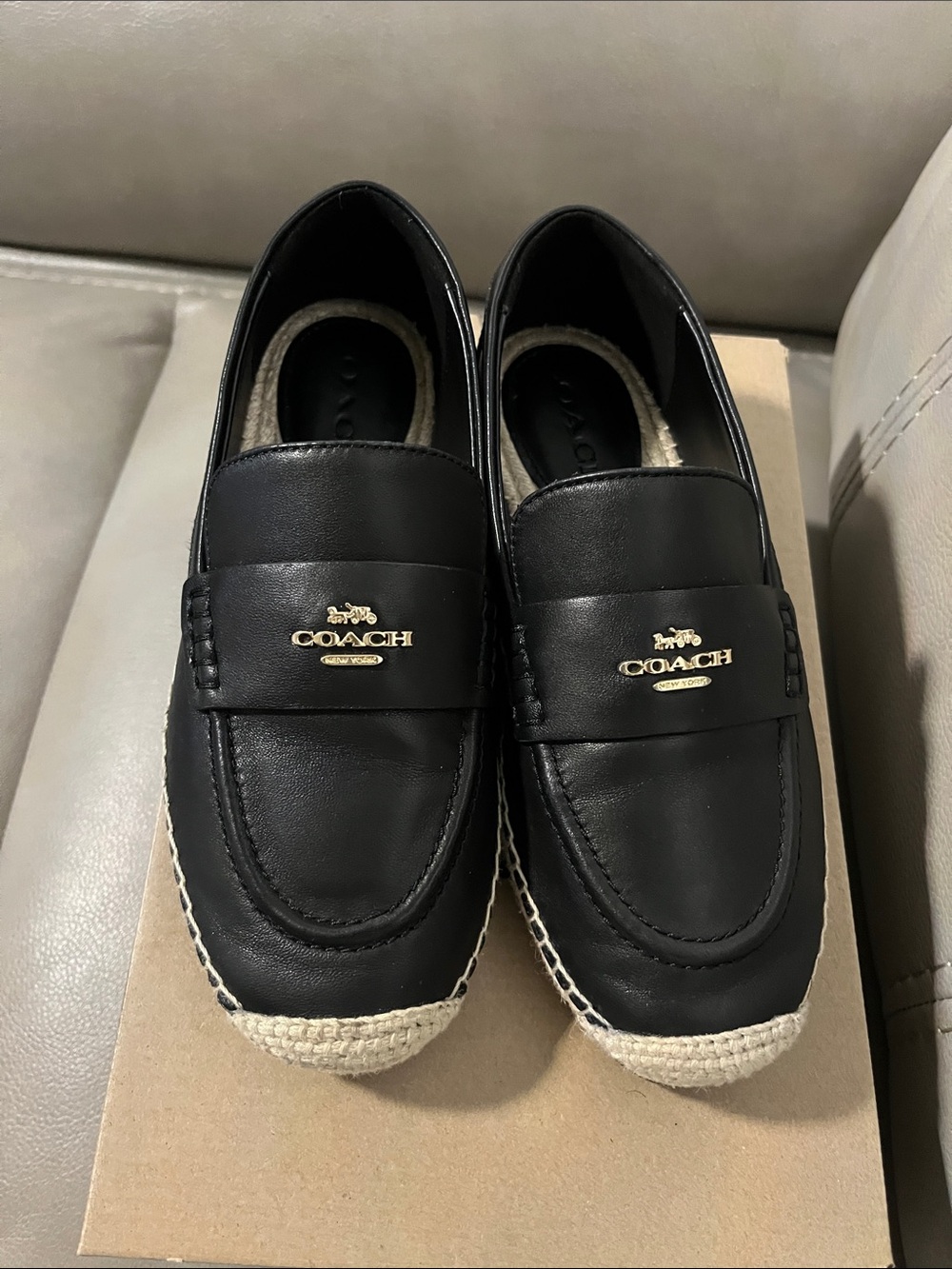 Coach Black Leather Penny Loafers with Gold Logo